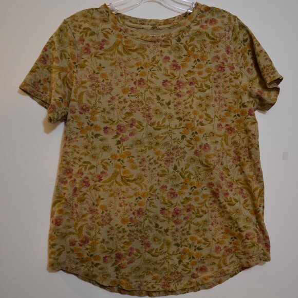 OLD NAVY Everywear Short Sleeves 100%Cotton Tan Colorful Floral Ladies Blouse M - Picture 1 of 6